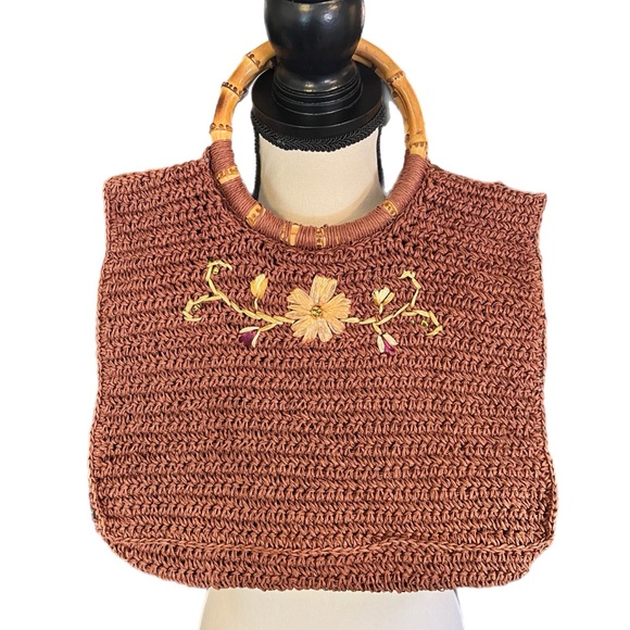 Vintage Betsey Johnson Woven Handbag Floral Embroidery Bamboo Handles - Picture 1 of 7